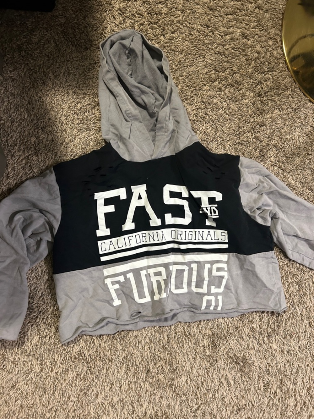 Fashion Nova Gray and Black FAST California Cropped Hoodie